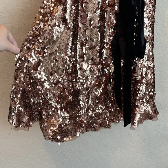 NWT Free People Tribeca Sequin Ruffle Brown Dress Velvet Bow Size 0 - Picture 5 of 11